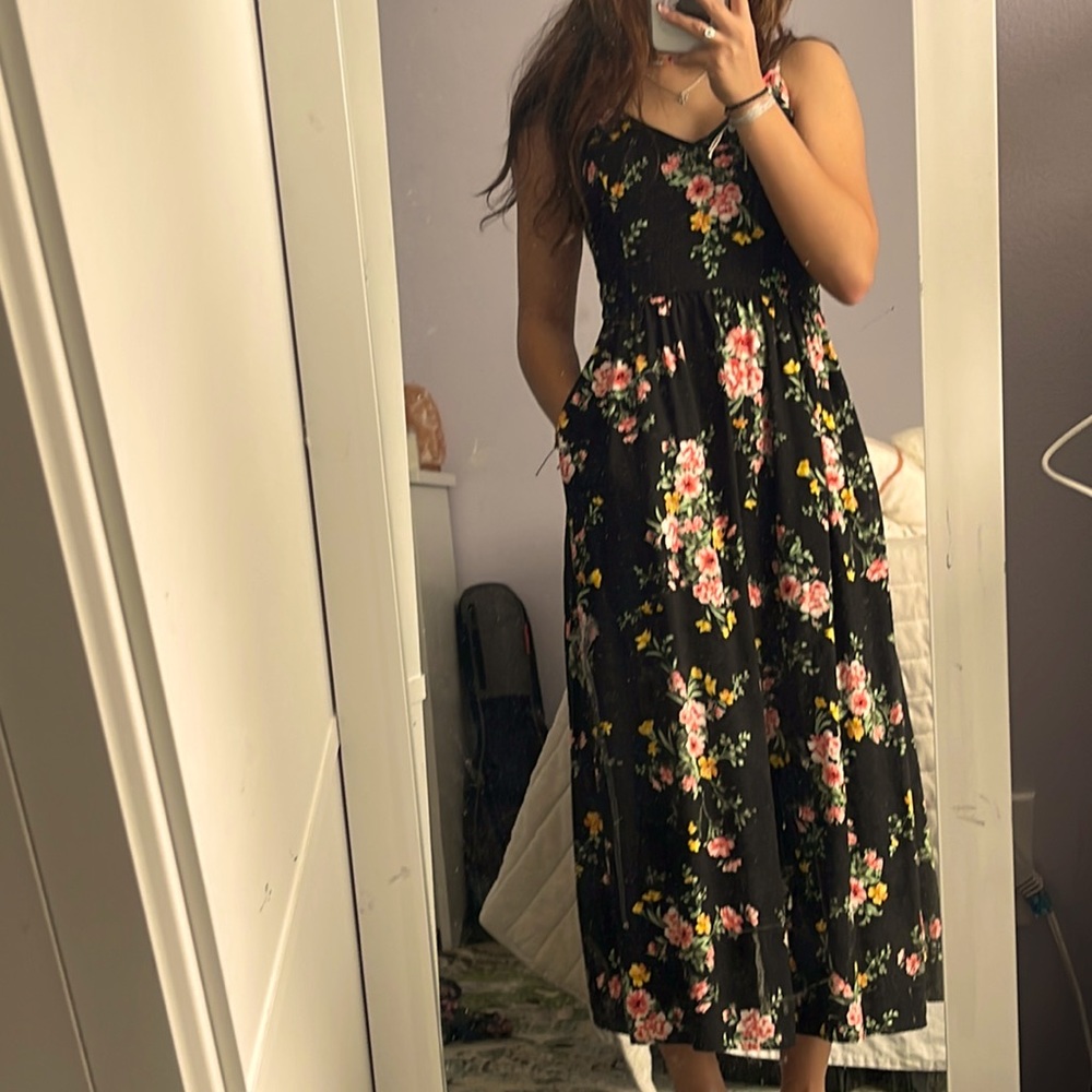 Old Navy Black Floral Spaghetti Strap Long Dress